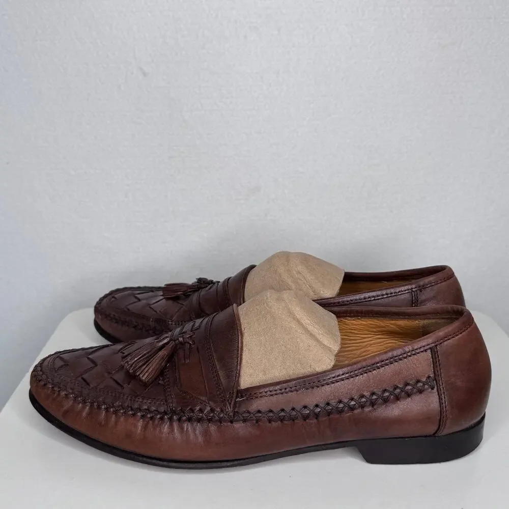 1990s Johnston & Murphy Brown Leather Preppy Woven Tassel Loafers Men’s 10.5M